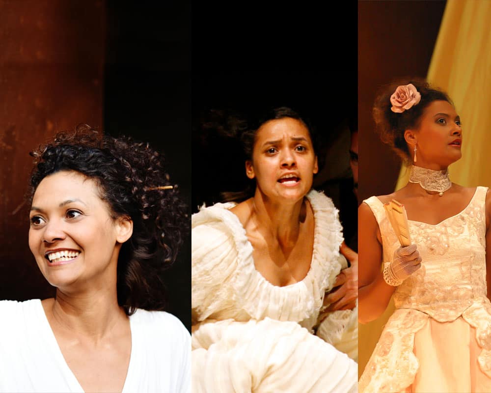 Lucia Peraza Rios in drei Theaterrollen auf der Bühne